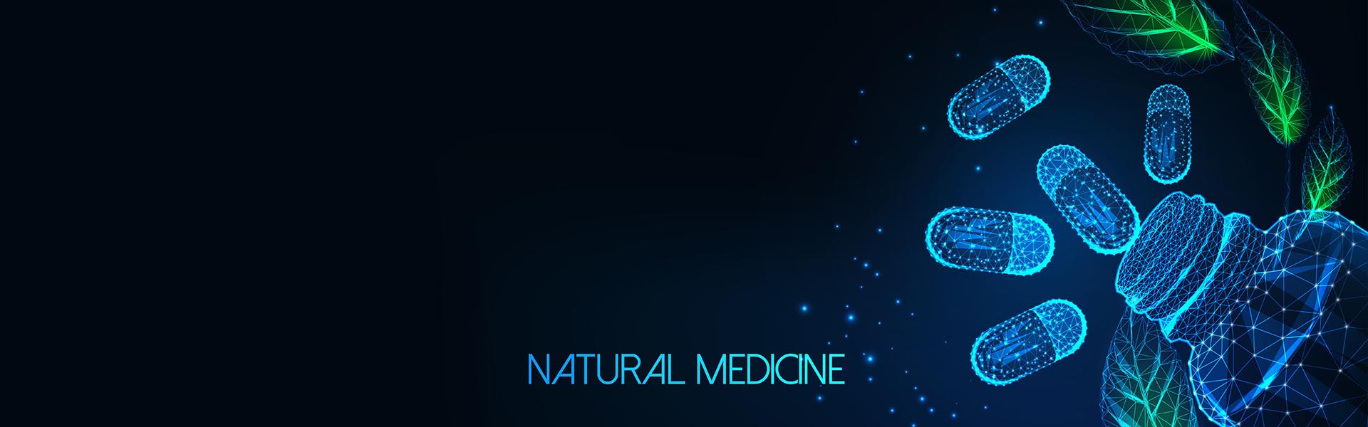 Futuristic Natural Medicine Concept With Glow Low Polygonal Capsule Pills, Bottle And Green Leaves.